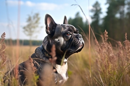 A cue happy french bulldog oudoors, digital illustration artwork, animals, petsの素材