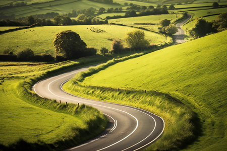 Winding curvy rural road, creative digital illustration, nature, landscapesの素材