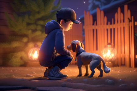 Digital painting boy and his dog are best friends, animals, petsの素材