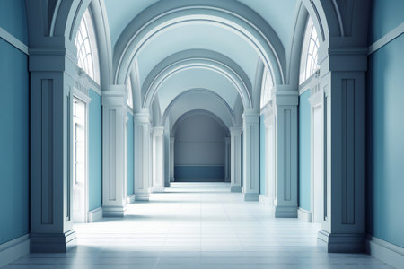 Blue hall with arches and columns. 3d rendering mock upの素材