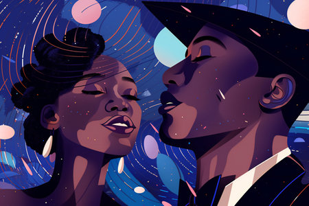 Digital painting black couple smiling art line, people, diversityの素材