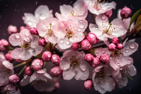 Branch of cherry blossoms with water drops on a dark backgroundの素材