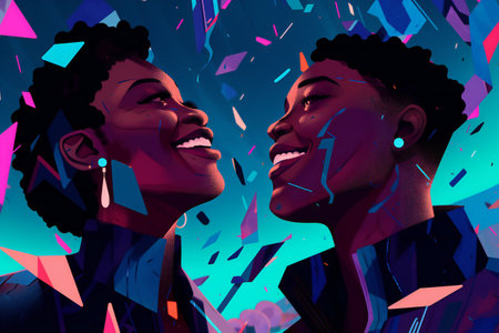 Digital painting black couple smiling art line, people, diversityの素材