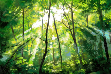 forest trees nature green wood sunlight backgrounds and textures,illustration paintingの素材