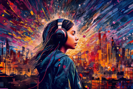 Digital painting young woman dj listening music, music and soundの素材