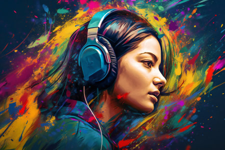 Digital painting young woman dj listening music, music and soundの素材