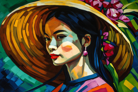Digital painting beautiful woman wearing a traditional hat, people, expressionsの素材