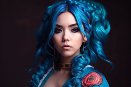 Digital painting young beautiful woman in blue, people, cosmetic & makeupの素材