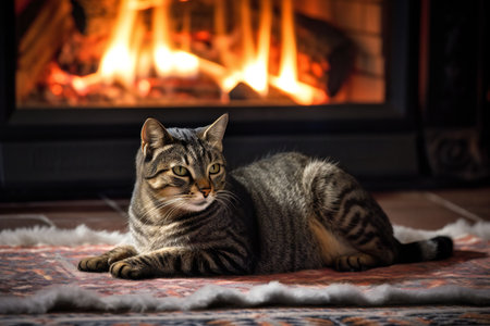 Tabby cat warming itself on a rug, creative digital illustration, animals, petsの素材