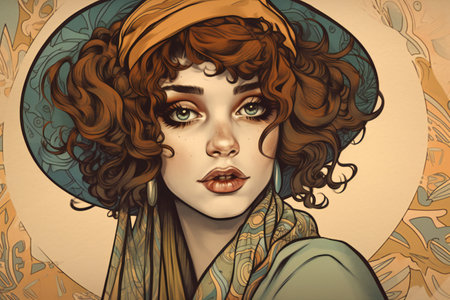 Digital painting woman with curly hair and beautiful makeup, retroの素材