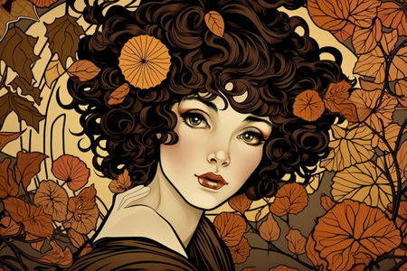 Digital painting woman with curly hair and beautiful makeup, retroの素材