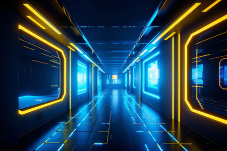 Three dimensional of futuristic corridor, technology, retroの素材