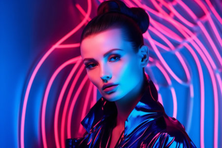 Digital painting fashion woman in neon light, people, portraitsの素材