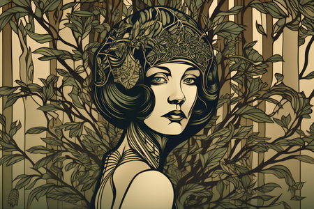 Digital painting tree woman  art deco style, hand drawn & artisticの素材