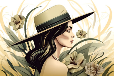 Digital painting beautiful elegant woman wearing a hat, people, womenの素材
