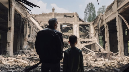 Digital painting two man looking at destroyed building, industries, militaryの素材