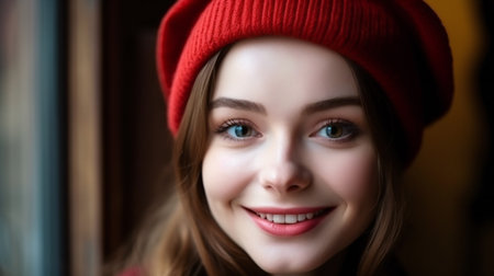 Digital painting pretty girl in red beret smiling, people, portraitsの素材