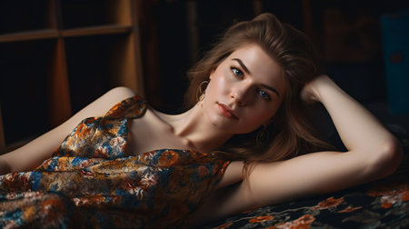 Digital painting lying young woman in dress, clothing & accessoriesの素材