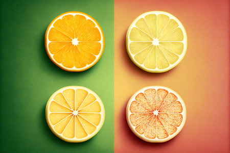 Citrus slices on color, creative digital illustration, abstract, colorsの素材