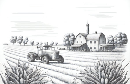 Hand drawn field landscape corn farm sketch, nature, landscapesの素材