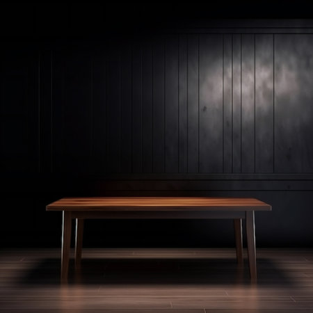 Dark background wall with empty table for montage, arts & architecture, indoorの素材