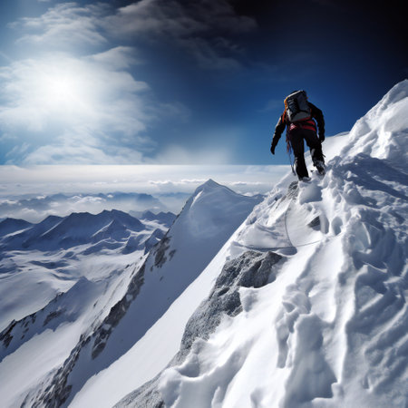 Mountaineer climbs a snowy peak, nature, mountainsの素材