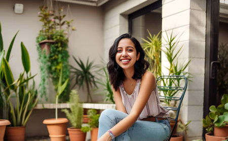 Digital painting young woman having fun, people, activeの素材