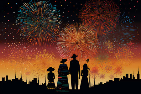 Happy family looking fireworks in the evening sky, people, familiesの素材