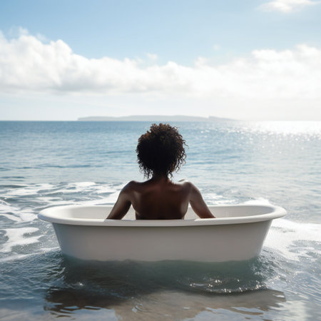 Digital painting black woman relaxing in bathtub, nature, sea & oceanの素材