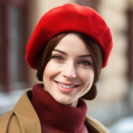 Digital painting pretty girl smilling in red beret, people, portraitsの素材
