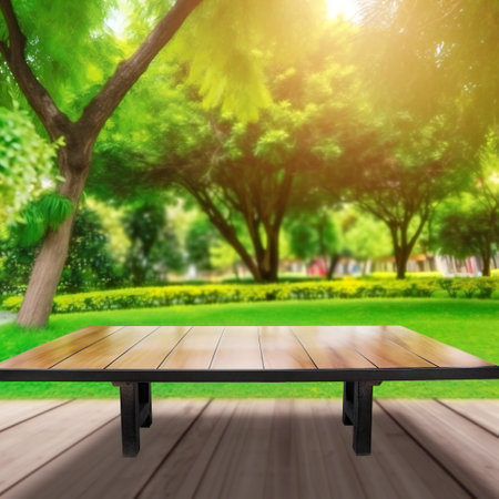Empty wood table top and green tree, arts & architecture, outdoorの素材