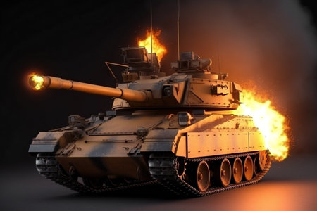 Military tank in fire, creative digital illustration, industries, militaryの素材