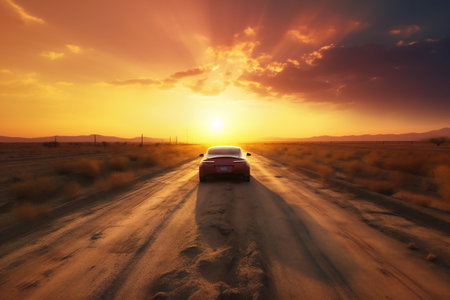 Modern car fast drive on dirt road at sunset, travel, destination scenicsの素材