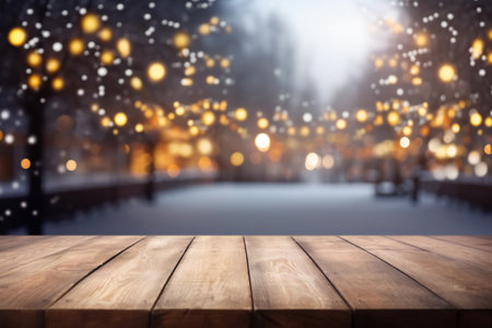 Empty wooden table in front of blurred winter, arts & architecture, outdoorの素材