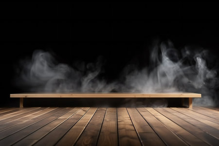Wooden table with smoke on dark background, arts & architecture, indoorの素材