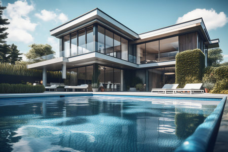 Modern mansion with pool, arts & architecture, modern buildingsの素材