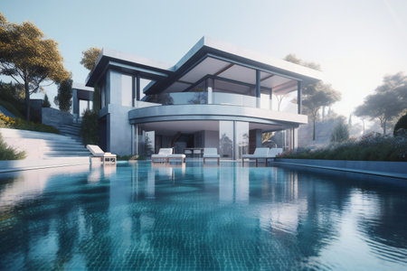 Modern mansion with pool, arts & architecture, modern buildingsの素材