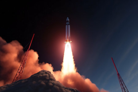 Space rocket launch, creative digital illustration, abstract, planetariumの素材