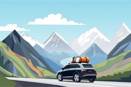 Traveling car with a mountain road, travel, destination scenicsの素材