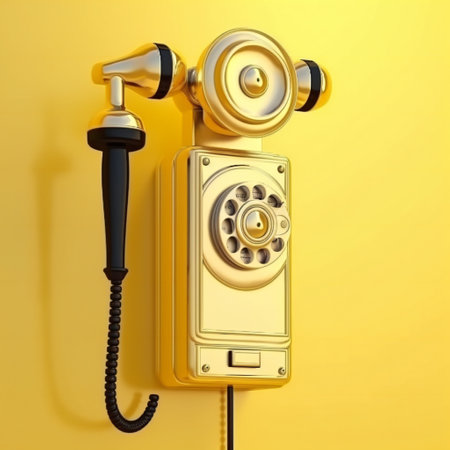 Vintage yellow telephone on yellow background, technology, retroの素材