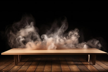 Wooden table with smoke on dark background, arts & architecture, indoorの素材