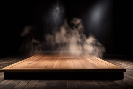 Wooden table with smoke on dark background, arts & architecture, indoorの素材