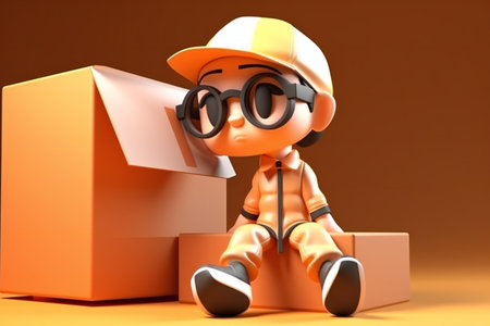 3d render of cartoon character with cardboard box, industries, transportationの素材