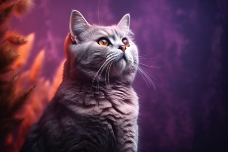 A lilac british cat looking up, creative digital illustration, animals, petsの素材