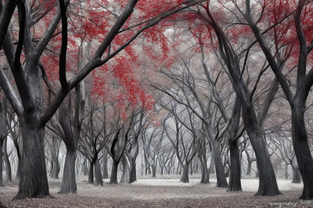 Canopy of red trees in surreal black and white landscape, nature, forestsの素材