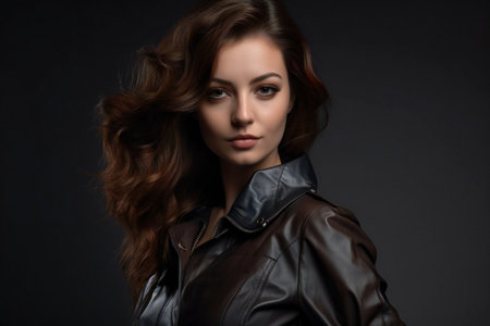 Digital painting beautiful young woman with leather jacket, people, portraitsの素材
