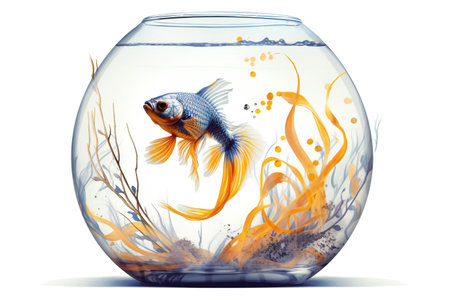 Goldfish in a fishbowl isolated on white background, animals, marine lifeの素材