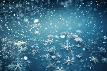 Image of snowflakes falling on blue background, abstract, backgroundsの素材