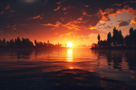 Sunset on the lake, digital illustration artwork, nature, landscapesの素材