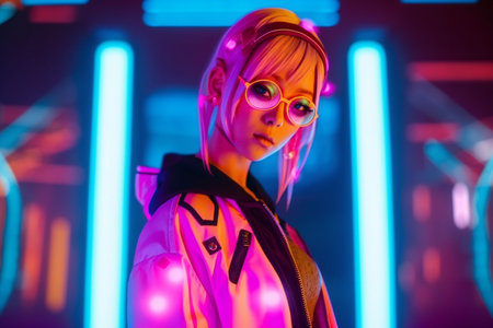 Digital painting anime girl in neon light, people, activeの素材